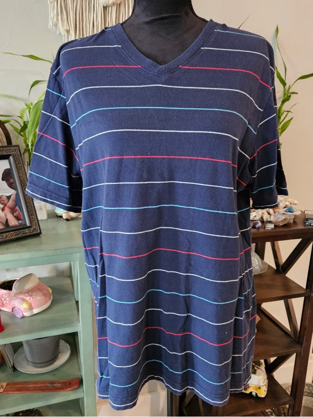 OP Navy V-Neck Tee with Red, Light Blue and White Stripes